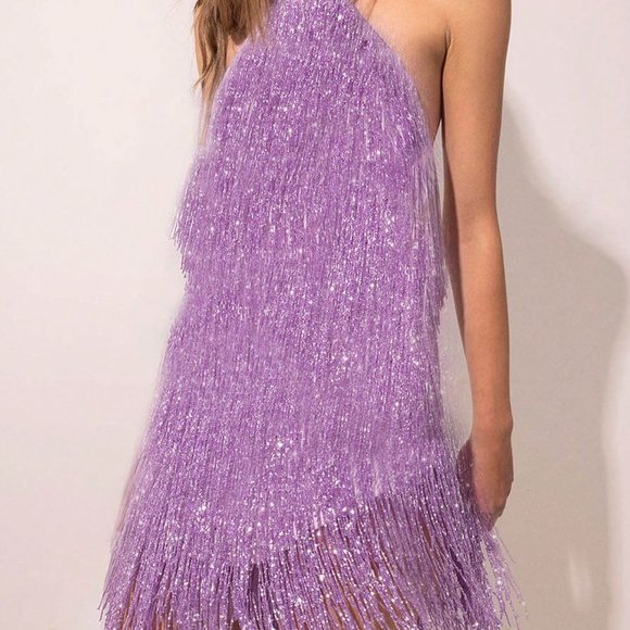 Purple Party Womens Fringe Hem Sequin Halter Dress - Picture 3 of 4